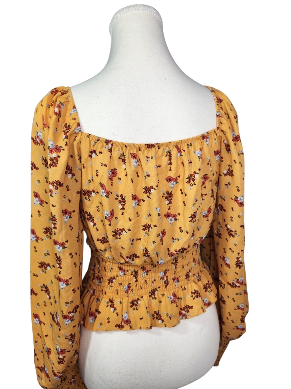 Ultra Flirt Floral Smocked Peplum Peasant Top Yellow Long Sleeve Square Neck S - Picture 5 of 13